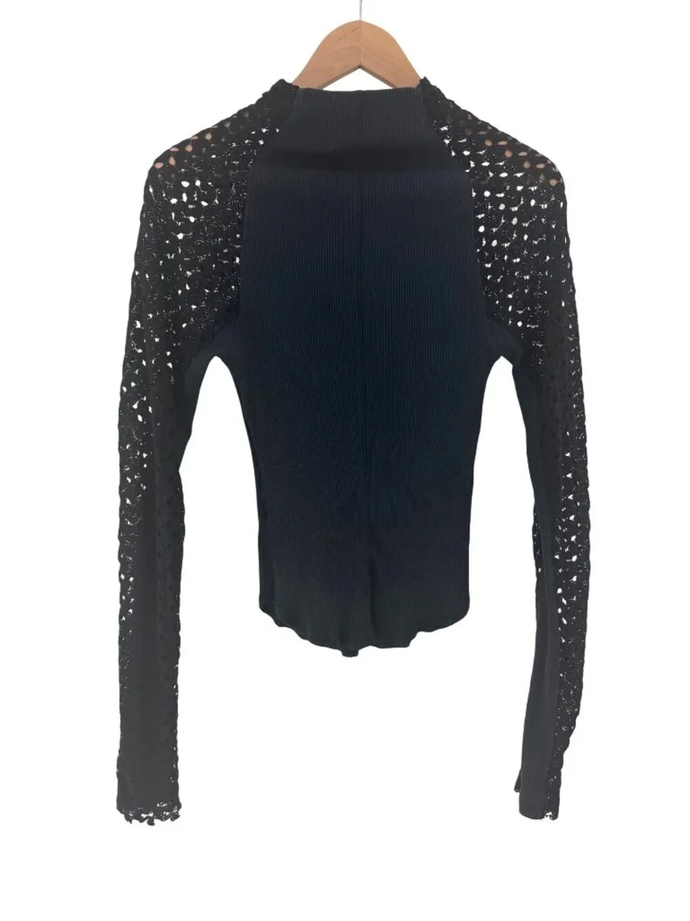 Free People Clemente Top Navy Blue Ribbed Bodice Black Lace Long Sleeve XL Shirt